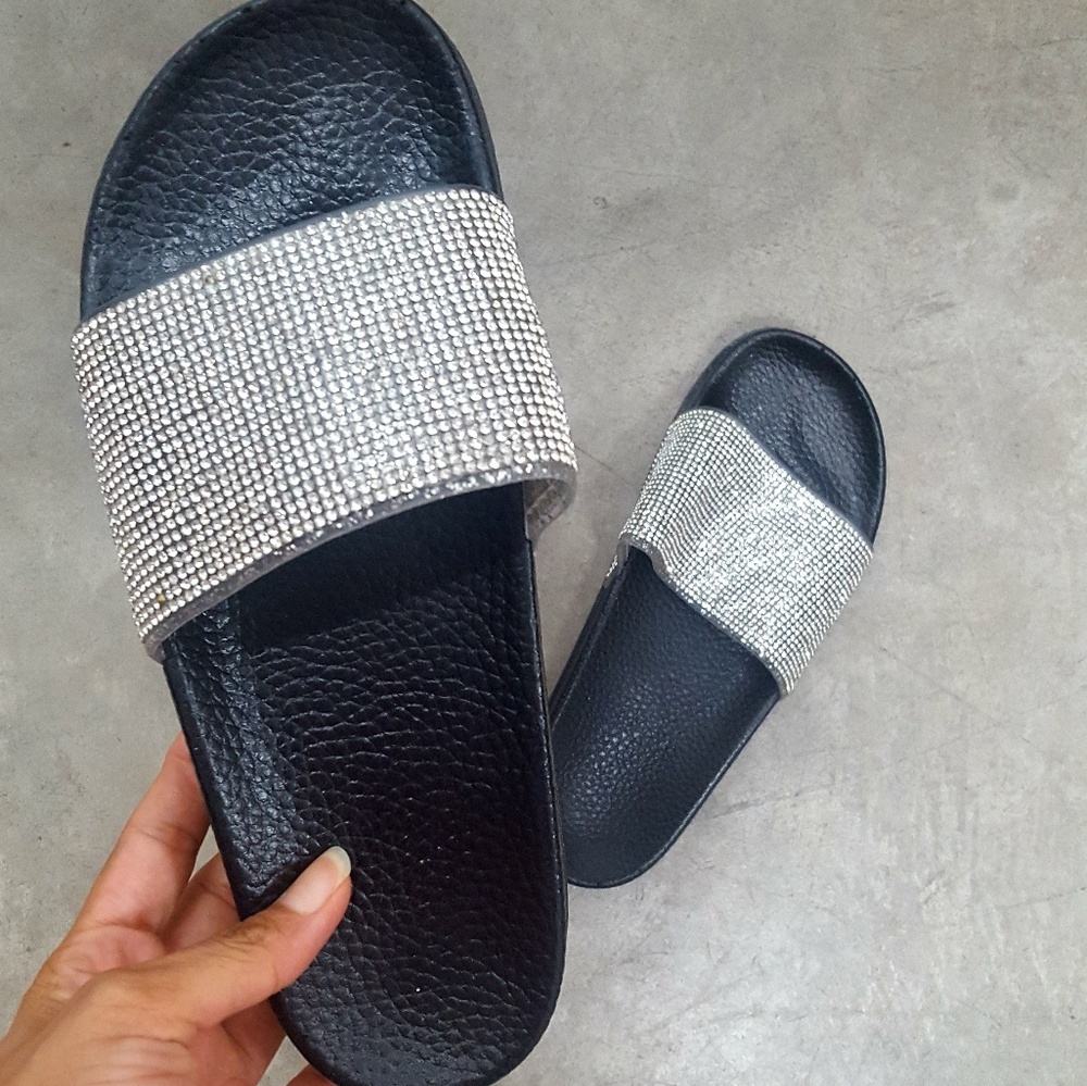 Black Rhinestone Slides Size 10